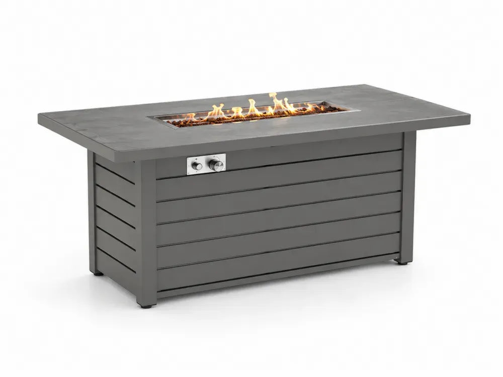 Gas Feuertisch Gartentisch rechteckig Grau Schwarz Silberfarben 140 x 80 x 65 cm Aluminium Keramikplatte Edelstahlbrenner