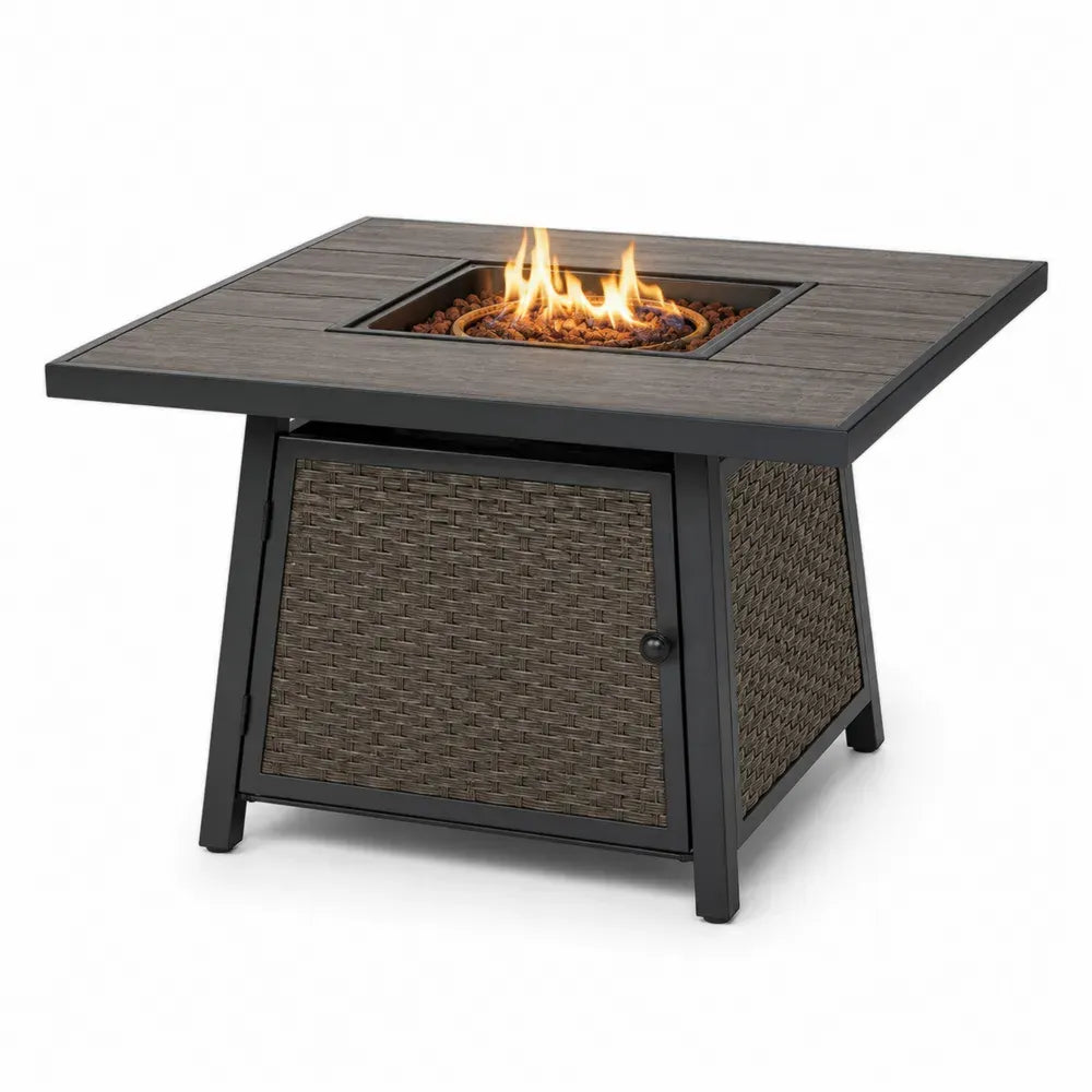 Gas-Feuertisch Gartentisch WPC-Tischplatte Aluminiumrahmen PE-Rattan quadratisch Braun Schwarz 106 x 106 x 64 cm
