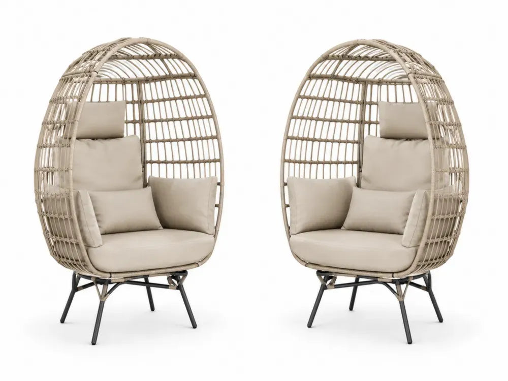 2er Set Gartenstuhl Loungesessel mit hohem ovalem Sitzkorb aus PE Rattan Stahlrahmen Polyesterkissen beige naturbeige schwarz 95 x 88 x 160 cm