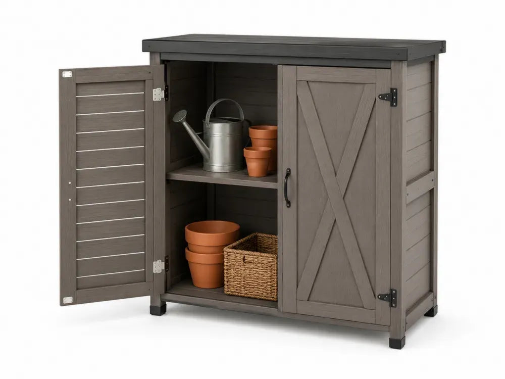 Gartenschrank Terrassenschrank mit Doppeltür und Einlegeboden 120 x 60 x 96 cm Polypropylen Holzoptik Grau Schwarz
