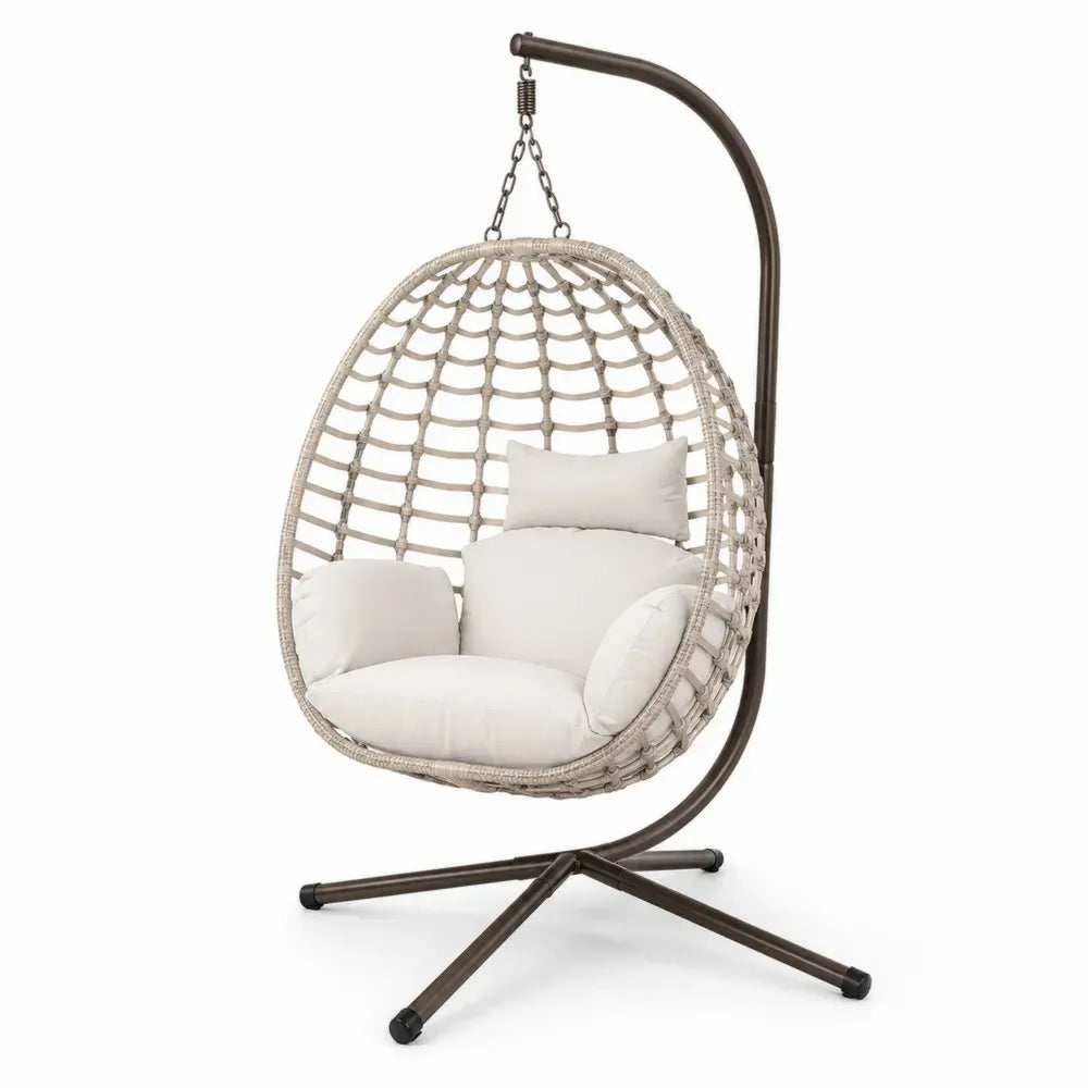 Garten Hängesessel mit Gestell und Kissen eiförmig 105 x 95 x 196 cm PE-Rattan Stahl Cremeweiß Naturbeige Dunkelbraun