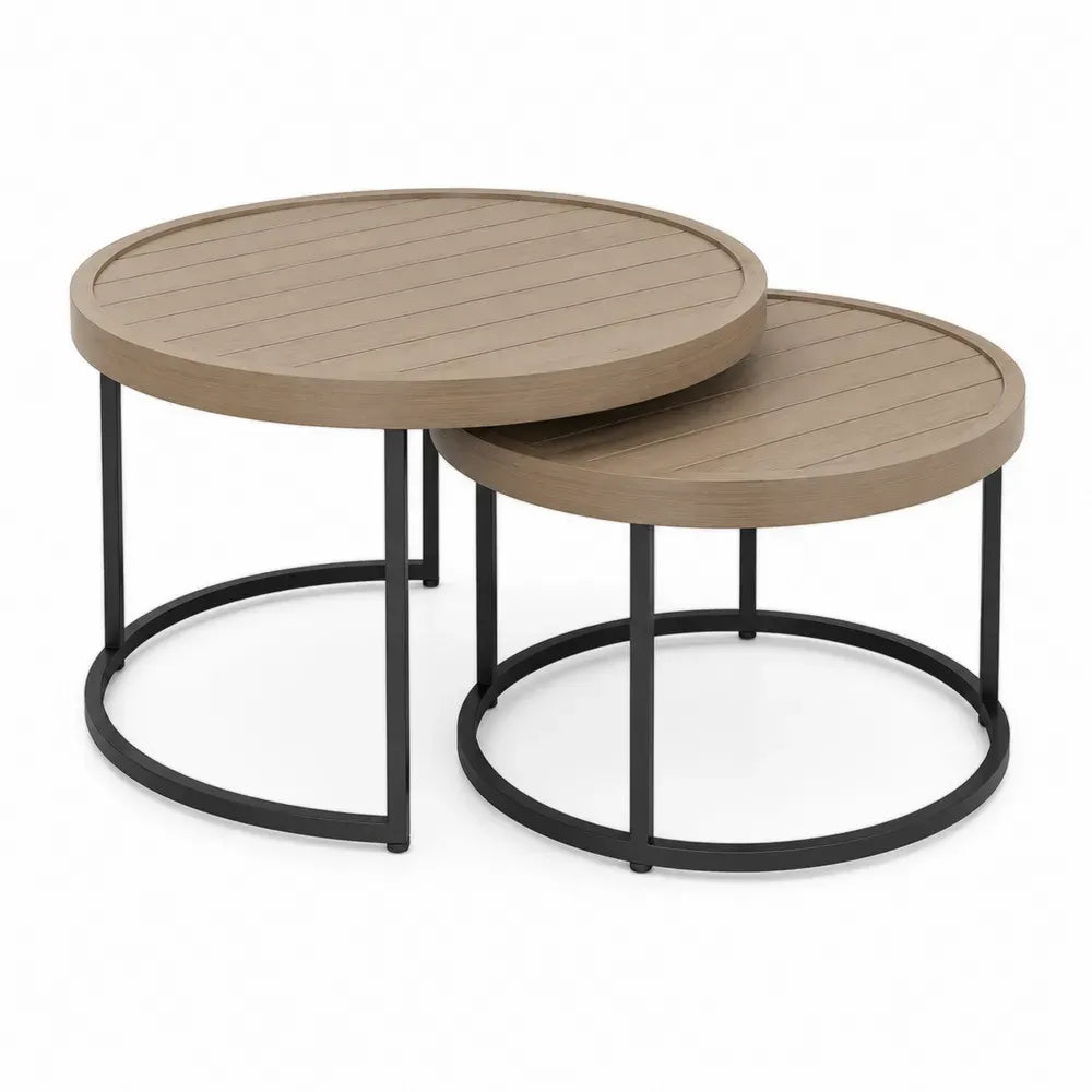 2er Set runde Gartentische Beistelltische Taupe Schwarz Ø80 x 48 cm Ø60 x 40 cm HIPS Kunststoff Stahl