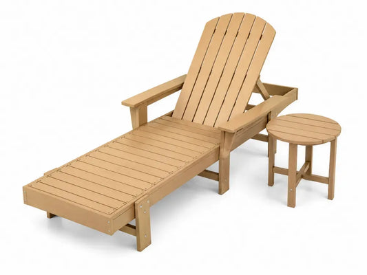 Gartenliege mit rundem Beistelltisch 2-teilig Naturholzfarben Silberfarben 190 x 74 x 95 cm HDPE Kunststoff verstellbare Rückenlehne