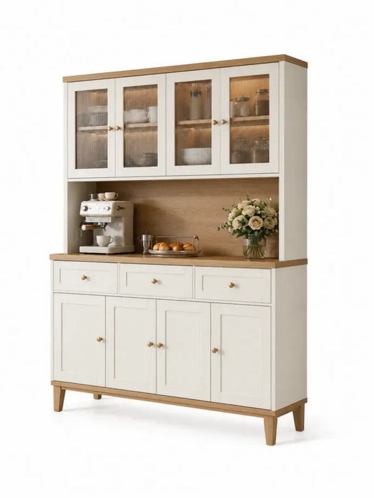 Buffetschrank mit Riffelglastüren 3 Schubladen 8 Türen MDF Spanplatte Weiß Eiche natur Messingfarben 150 x 42 x 190 cm