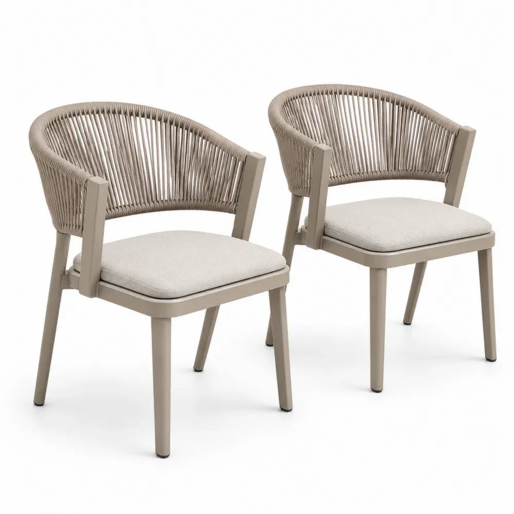 2er Set Gartenstühle mit Armlehnen Aluminiumrahmen PE-Seilgeflecht und Sitzkissen Beige Taupe 58 x 60 x 78 cm