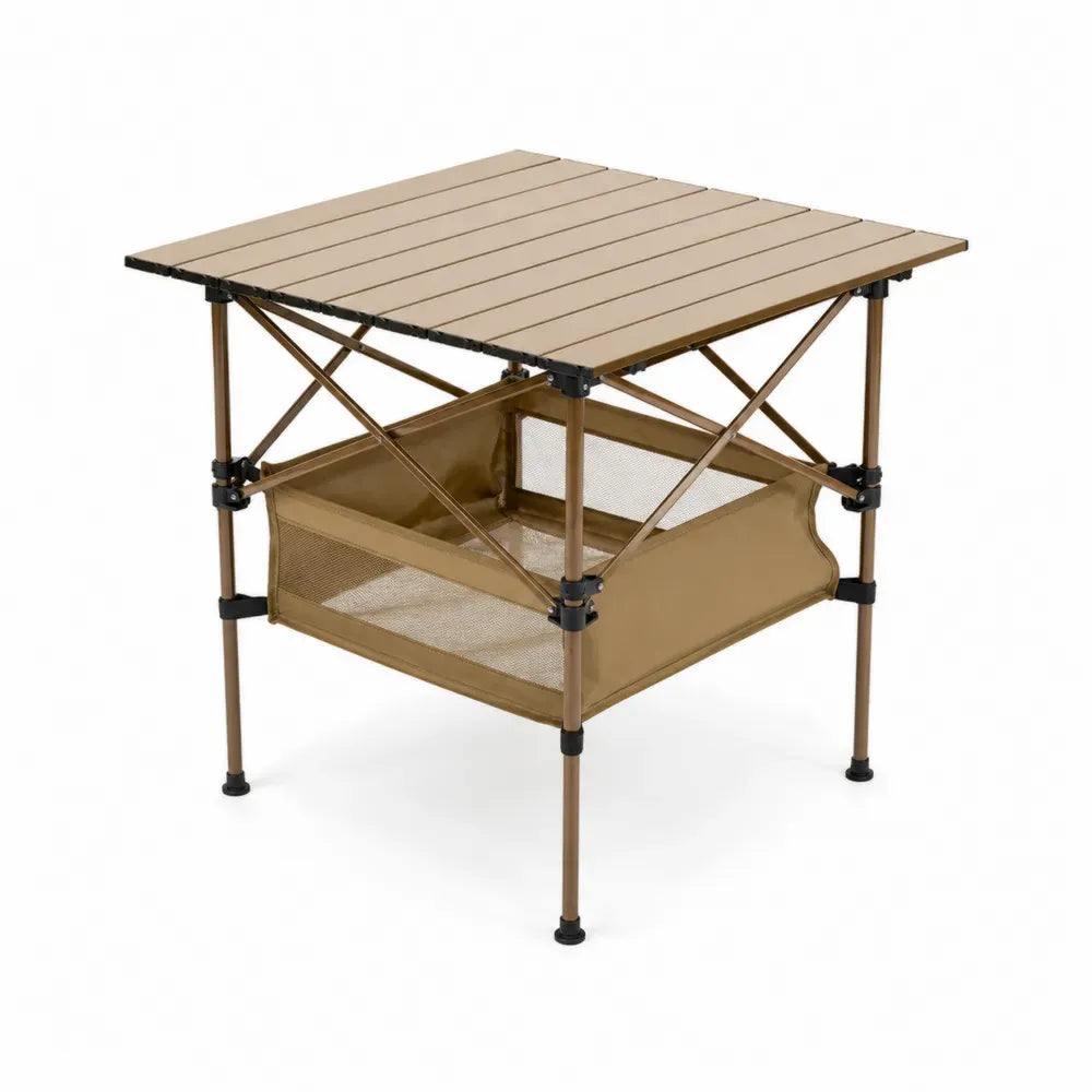 Klappbarer Gartentisch mit Ablagekorb Aluminiumlegierung Polyester-Oxfordgewebe quadratisch Sandfarben Schwarz 70 x 70 x 68 cm