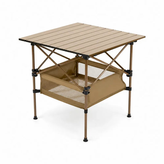 Klappbarer Gartentisch mit Ablagekorb Aluminiumlegierung Polyester-Oxfordgewebe quadratisch Sandfarben Schwarz 70 x 70 x 68 cm