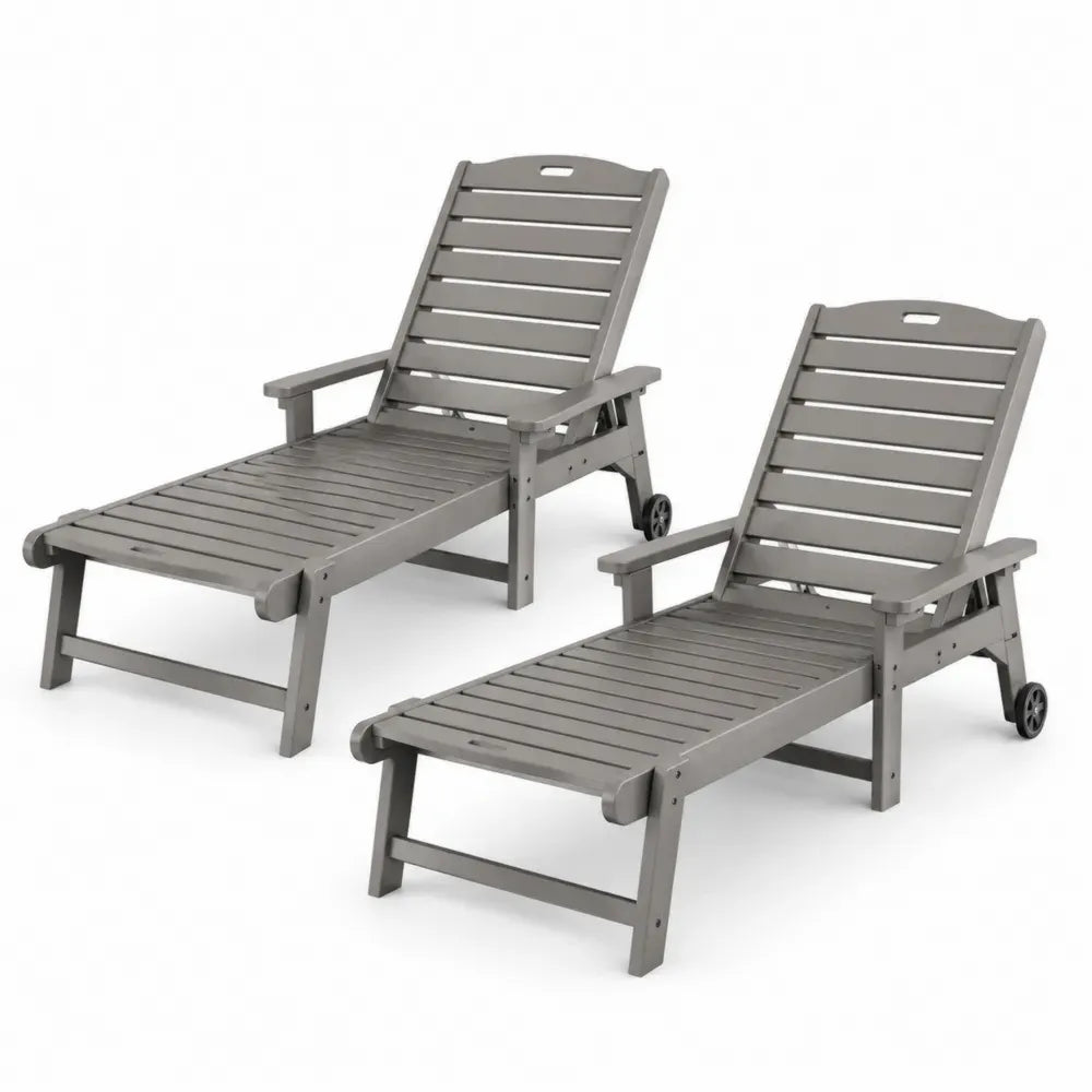 2er Set Gartenliegen Sonnenliegen mit Armlehnen verstellbarer Rückenlehne HDPE und Rollen Grau 200 x 64 x 96 cm