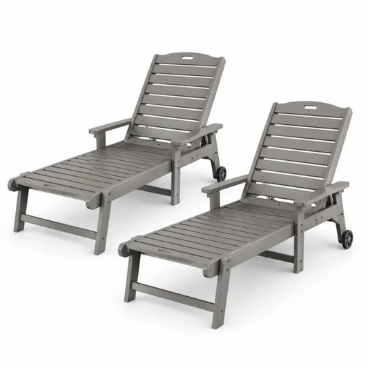 2er Set Gartenliegen Sonnenliegen mit Armlehnen verstellbarer Rückenlehne HDPE und Rollen Grau 200 x 64 x 96 cm