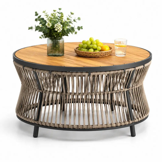 Runder Gartentisch Couchtisch Akazienholz PP-Seilgeflecht Stahlrohr Naturholzfarben Taupe Schwarz 90 x 90 x 45 cm