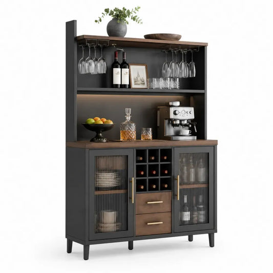 Buffetschrank Sideboard mit Aufsatz Riffelglastüren Flaschenfächern Lichtleiste MDF Spanplatte Schwarz Walnussbraun Goldfarben 120 x 40 x 180 cm