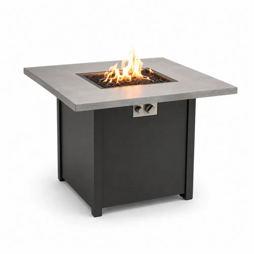 Gas Feuerstellentisch Gartentisch quadratisch Grau Schwarz Silberfarben 81 x 81 x 64 cm Faserbeton Stahl Edelstahl