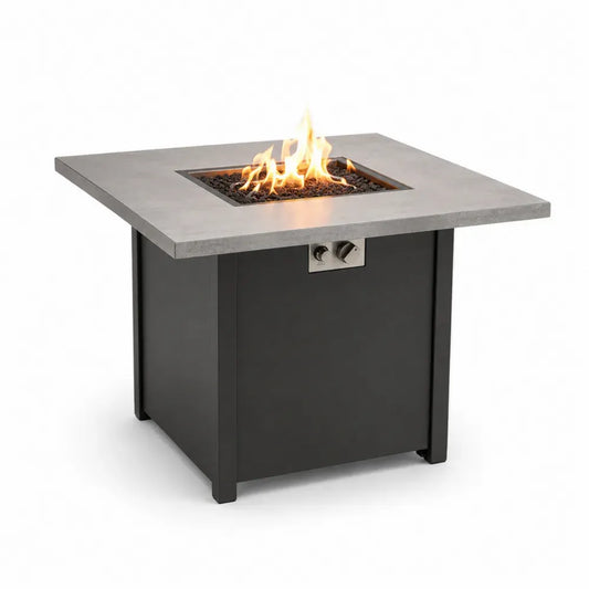 Gas Feuerstellentisch Gartentisch quadratisch Grau Schwarz Silberfarben 81 x 81 x 64 cm Faserbeton Stahl Edelstahl