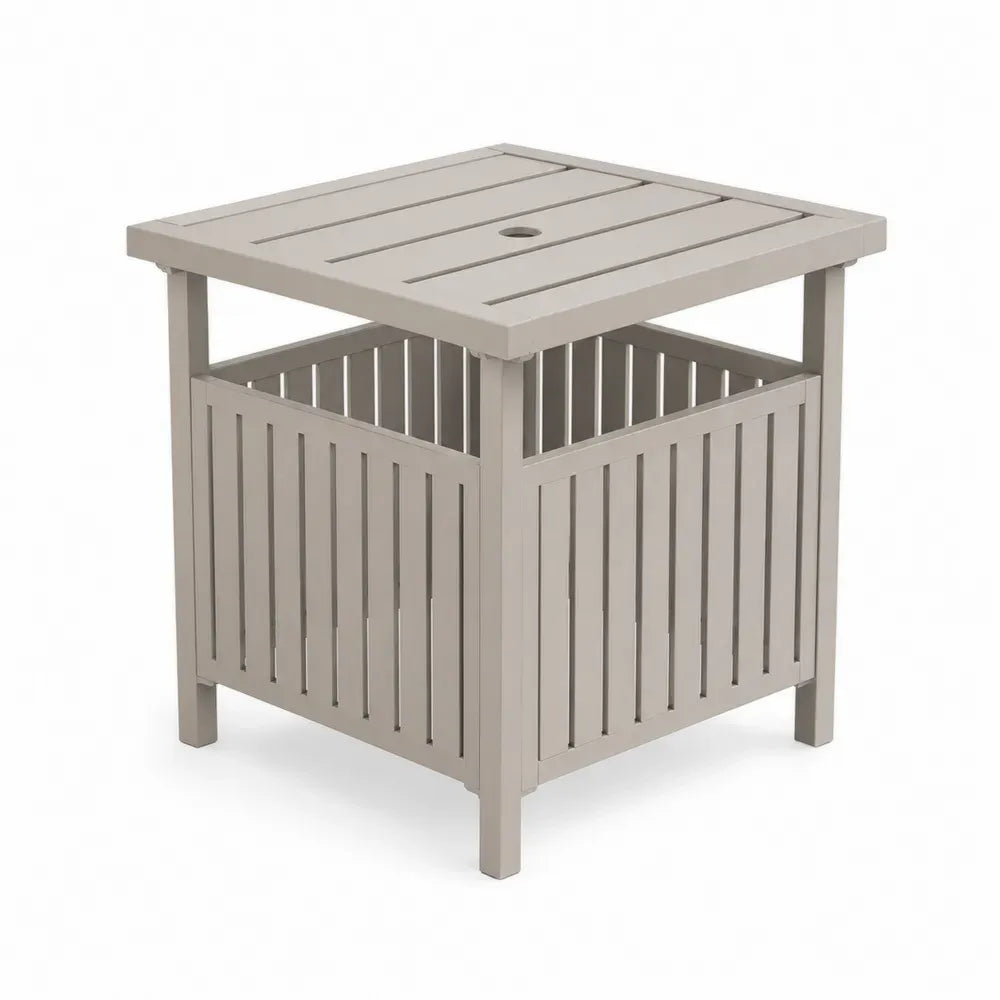Gartentisch Beistelltisch mit offenem Stauraum und Sonnenschirmöffnung Polypropylen quadratisch Taupe 60 x 60 x 70 cm