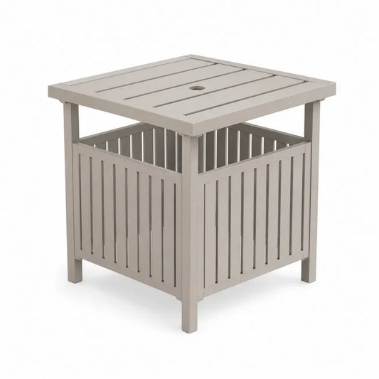 Gartentisch Beistelltisch mit offenem Stauraum und Sonnenschirmöffnung Polypropylen quadratisch Taupe 60 x 60 x 70 cm