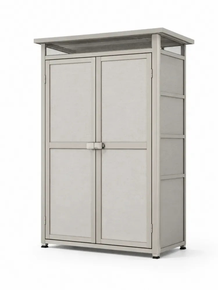 Terrassenschrank Gartenschrank mit Doppeltür Lichtfeld und Lüftung Aluminiumrahmen PP Paneele Polycarbonat taupe hellgrau 110 x 65 x 180 cm