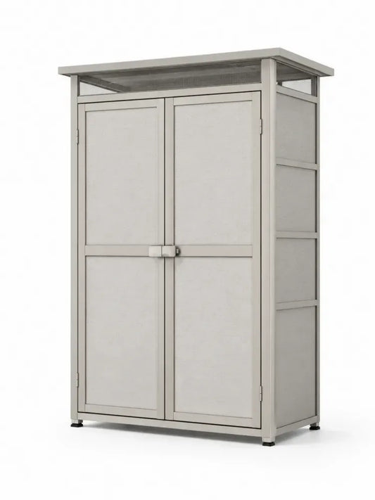 Terrassenschrank Gartenschrank mit Doppeltür Lichtfeld und Lüftung Aluminiumrahmen PP Paneele Polycarbonat taupe hellgrau 110 x 65 x 180 cm