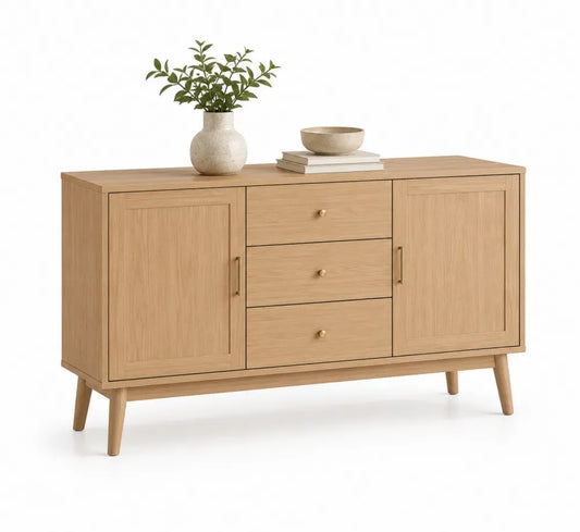 Rechteckiges Sideboard Buffet mit 2 Türen 3 Schubladen Spanplatte MDF Eiche Natur Goldfarben 140 x 40 x 82 cm