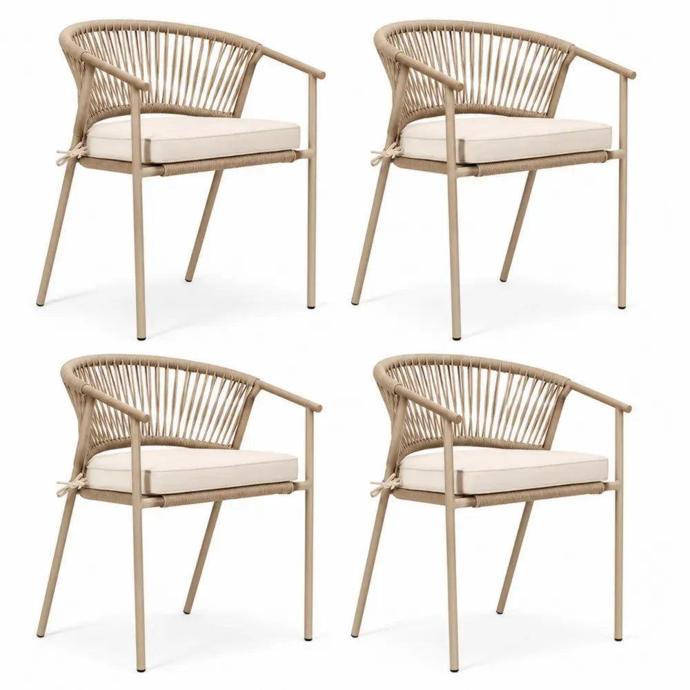4er Set Gartenstuhl mit Armlehnen Sitzkissen und Seilgeflecht aus pulverbeschichtetem Aluminium und Polypropylen beige taupe 60 x 62 x 82 cm