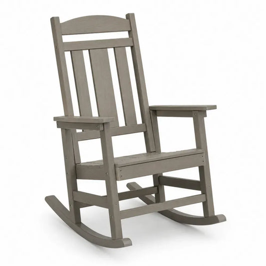 Garten Schaukelstuhl Adirondack aus HDPE Kunststoff mit Lattenrücken und Armlehnen taupe 72 x 92 x 105 cm