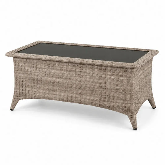 Gartentisch Couchtisch rechteckig Naturfarben Schwarz 110 x 60 x 45 cm PE Rattan Stahl gehärtetes Glas