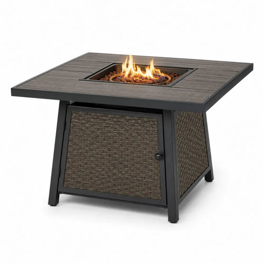 Gas-Feuertisch Gartentisch WPC-Tischplatte Aluminiumrahmen PE-Rattan quadratisch Braun Schwarz 106 x 106 x 64 cm