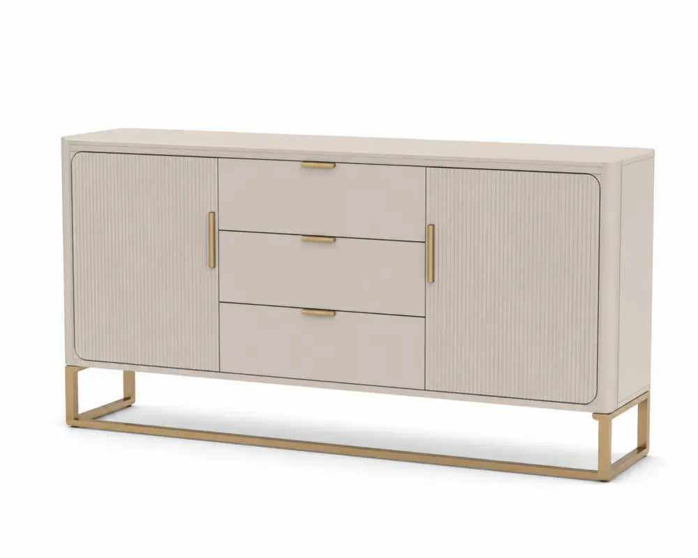 Sideboard mit 3 Schubladen 2 Türen gerillte Fronten MDF Stahl Beige Goldfarben 160 x 40 x 80 cm