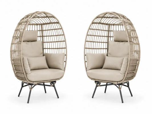 2er Set Gartenstuhl Loungesessel mit hohem ovalem Sitzkorb aus PE Rattan Stahlrahmen Polyesterkissen beige naturbeige schwarz 95 x 88 x 160 cm