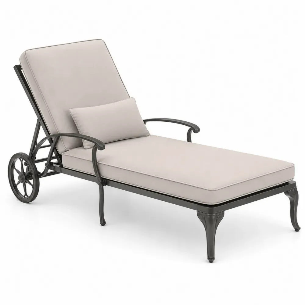 Gartenliege Sonnenliege mit Rollen Armlehnen Auflage und verstellbarer Rückenlehne Aluminiumguss Polyester beige dunkelbronze 205 x 74 x 96 cm