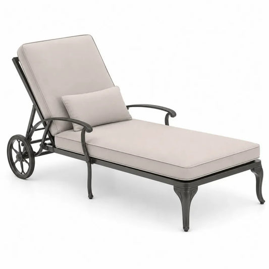 Gartenliege Sonnenliege mit Rollen Armlehnen Auflage und verstellbarer Rückenlehne Aluminiumguss Polyester beige dunkelbronze 205 x 74 x 96 cm