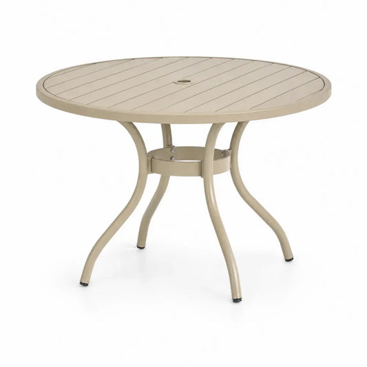 Gartentisch Esstisch rund Beige Schwarz Silberfarben Ø110 x 74 cm pulverbeschichtetes Aluminium mit Lattenplatte und Sonnenschirmloch