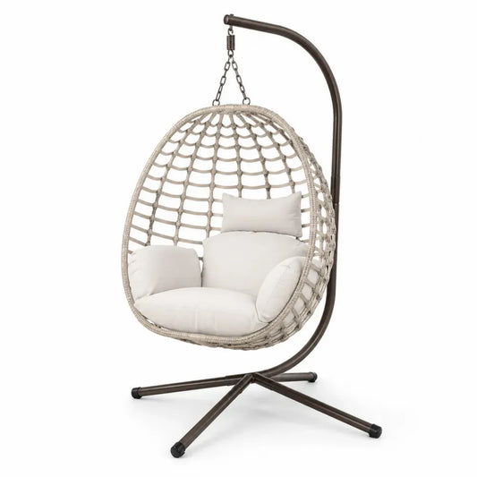 Garten Hängesessel mit Gestell und Kissen eiförmig 105 x 95 x 196 cm PE-Rattan Stahl Cremeweiß Naturbeige Dunkelbraun