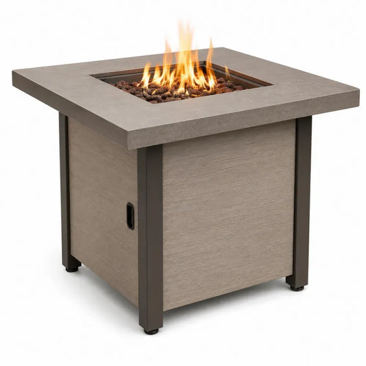 Gas-Feuertisch Gartentisch mit Edelstahlbrenner zementgebundene Faserplatte Aluminiumrahmen quadratisch Taupe Schwarz 86 x 86 x 64 cm